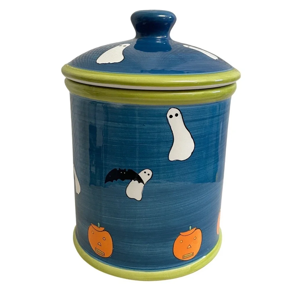 Vtg Y2K Hausenware Halloween Cookie Jar Canister Ghost Bat Pumpkin Blue Green